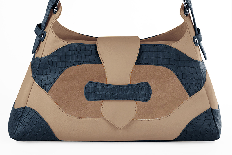 Dress handbag in denim blue, biscuit beige and champagne white leather - Profile view